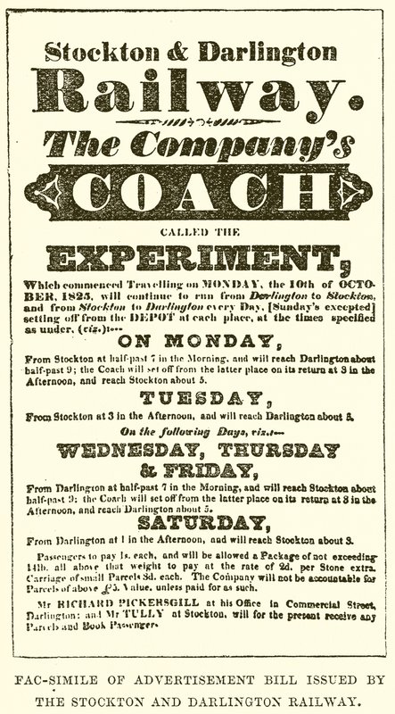 Fac-Simile of Advertisement Bill vydaný Stockton and Darlington Railway od English School