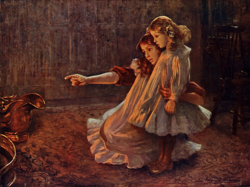 Tváře v plamenech: žena a dítě hledící do ohně (barva litho) od English School