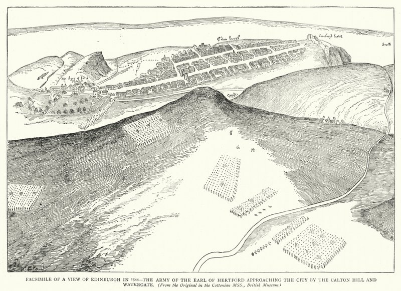 Faksimile pohledu na Edinburgh v roce 1544, vojsko hraběte z Hertfordu se blíží k městu u Calton Hill a Watergate (rytina) od English School