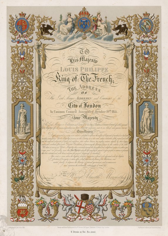 Faksimile adresy primátora Ludvíka Filipa, francouzského krále, 10. října 1844 od English School