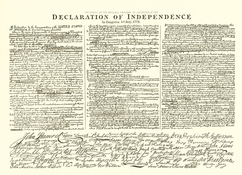 Faksimile původního návrhu Thomase Jeffersona z Deklarace nezávislosti v Kongresu 4. července 1776 od English School