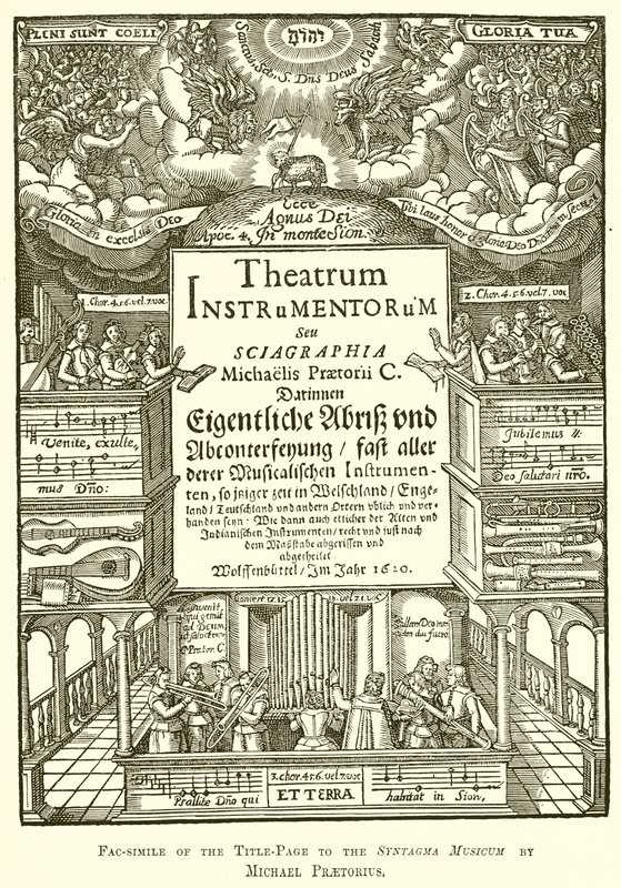 Faksimile titulní strany k Syntagma Musicum od Michaela Praetoria od English School
