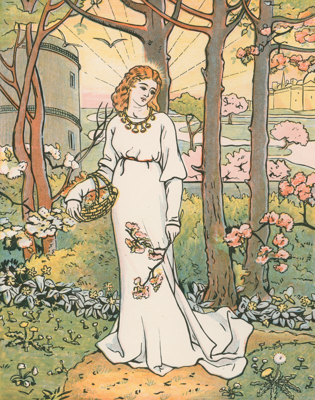 Fair Emelye sbírá květiny. "Fairness of the Lady, že vidím Yonde v gardyn romynge sem a tam" od English School