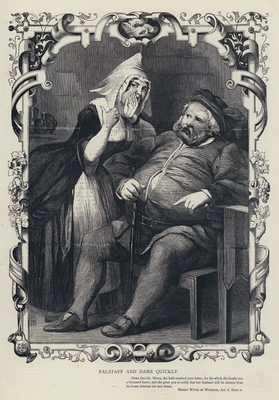 Falstaff a dáma Quicklyová, Veselé paničky windsorské, 2. dějství, 2. scéna (rytina) od English School