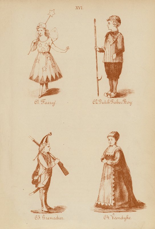 Oblečení pro maškarní: Víla, holandský rybář, granátník, Vandyke (litografie). od English School