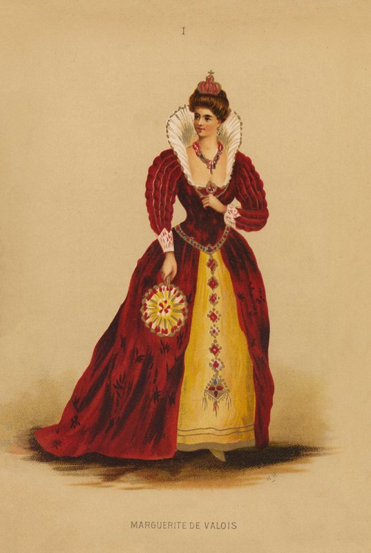 Oblečení pro maškarní: Markéta de Valois (barevná litografie) od English School