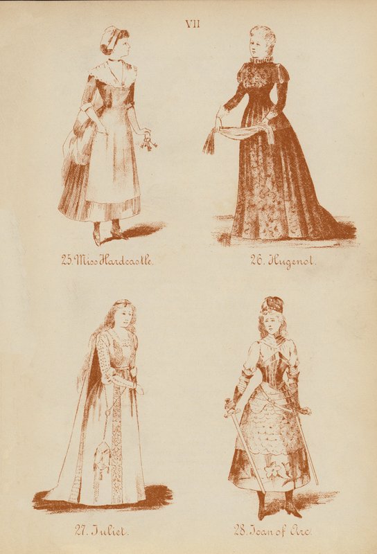 Oblečení pro maškarní: (litografie): slečna Hardcastleová, Hugenol, Julie, Johanka z Arku (litografie). od English School