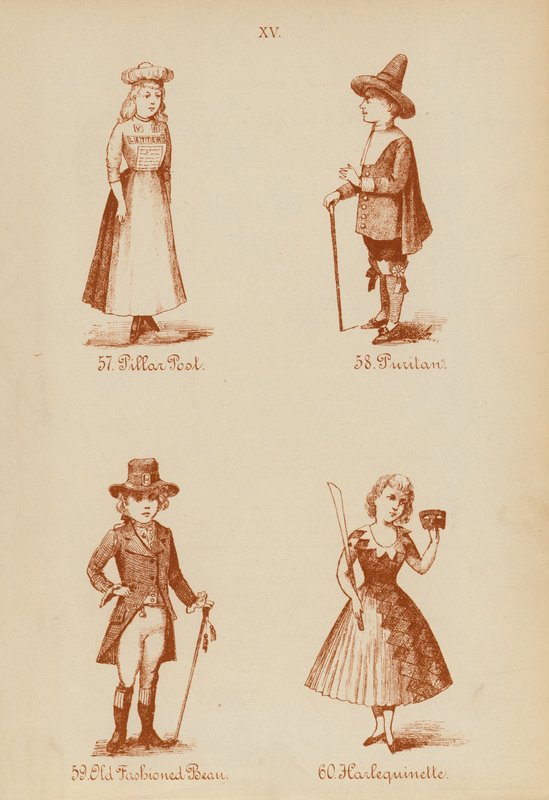Oblečení pro maškarní: (litografie): Pillar Post, Puritan, Old Fashioned Bean, Harlequinette (litografie) od English School