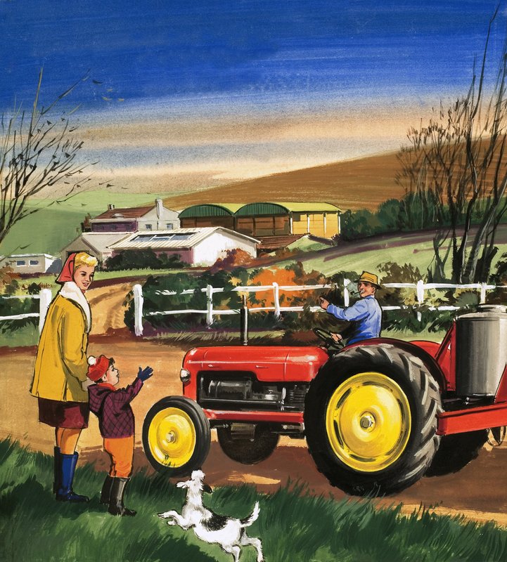 Farmář řídí traktor od English School