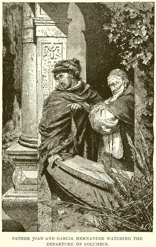 Otec Juan a Garcia Hernadez sledují Columbusův odlet od English School
