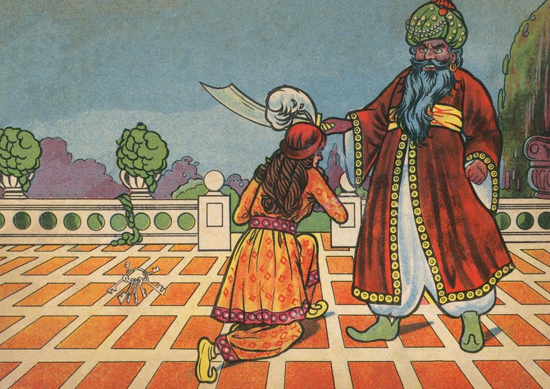 Fatima klečící před Modrovousem (barevná litografie) od English School