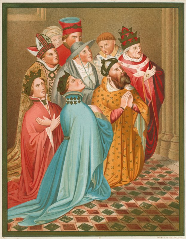 Ferdinand I., král Arragon, jeho královna, císař Zikmund a papež Martin V od English School