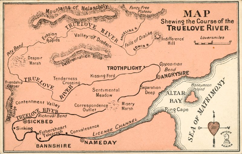 Fiktivní mapa mapující tok řeky TrueLove (barva lito) od English School