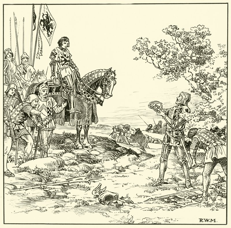 Hledání koruny v Bosworthu (inkoust na papíře) od English School