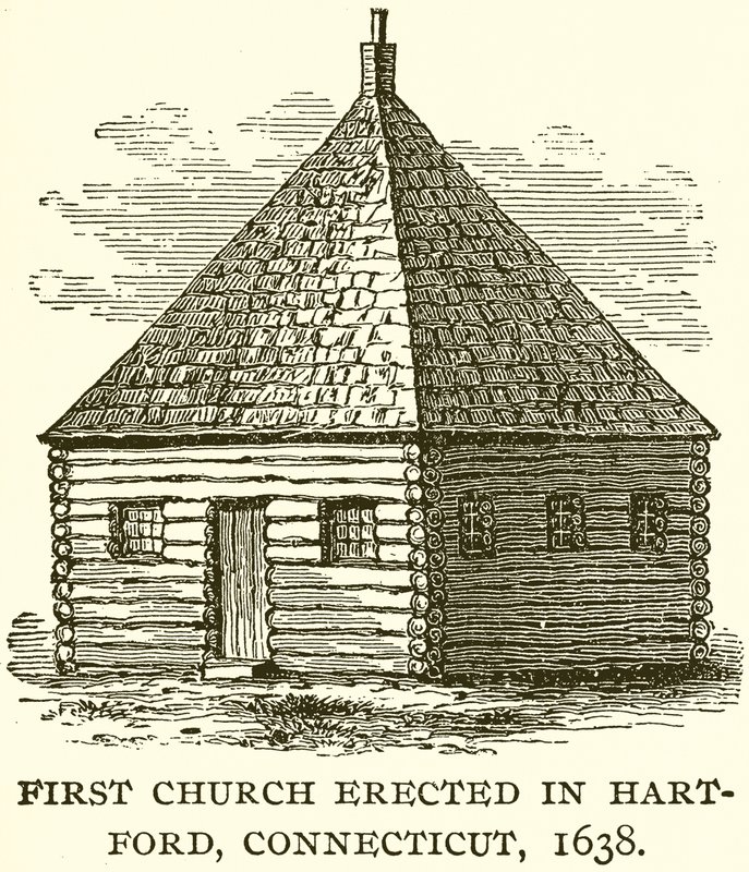 První kostel postavený v Hart-Ford, Connecticut, 1638 od English School