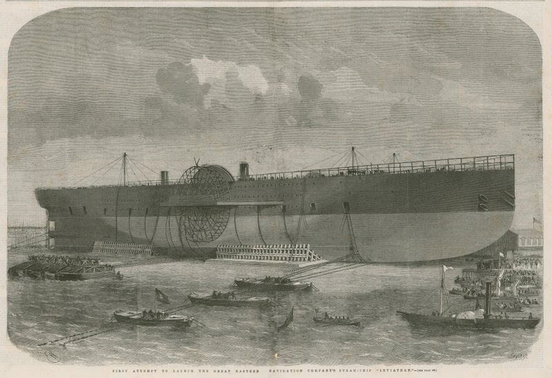 První pokus o spuštění parní lodi Leviathan společnosti Great Eastern Navigation od English School