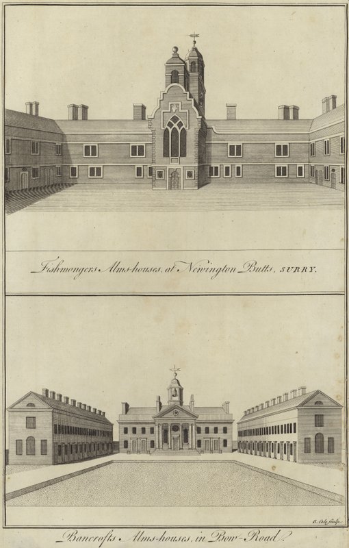 Fishmongers Almshouses, Newington Butts a Bancrofts Almshouses, Bow Road, Londýn od English School