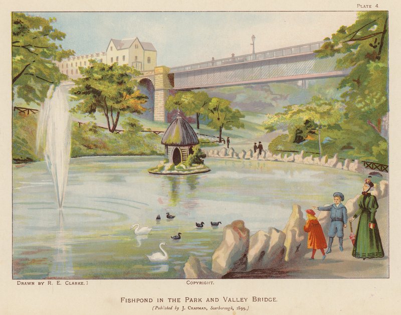 Rybník v parku a most Valley Bridge, Scarborough (barevná litografie) od English School
