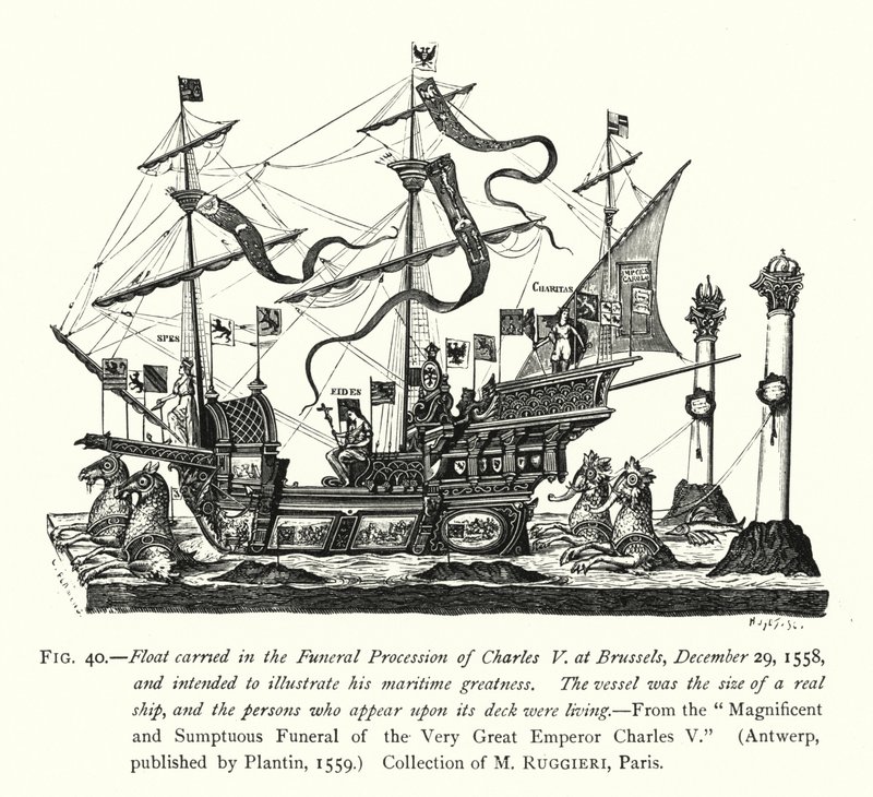 Plovák nesený ve smutečním průvodu Karla V. v Bruselu 29. prosince 1558 a určený k ilustraci jeho námořní velikosti (rytina) od English School