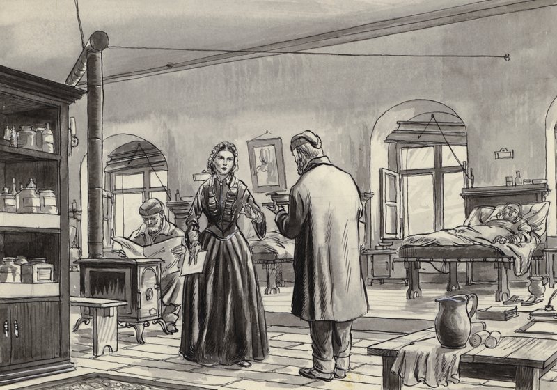 Florence Nightingale pracující v nemocnici ve Scutari (kvaš na papíře) od English School