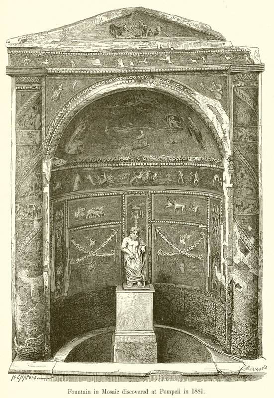 Fontána v mozaice objevená v Pompejích v roce 1881 od English School