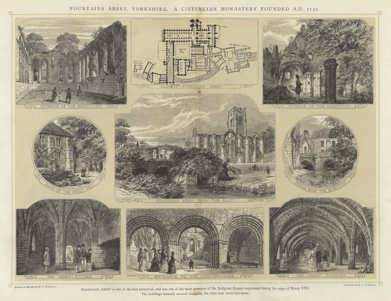 Fountains Abbey, Yorkshire, cisterciácký klášter založený v roce 1132 našeho letopočtu od English School