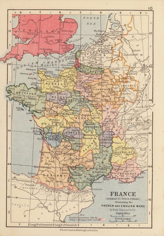 Francie, období od Normanů po Tudorovce, ilustrace francouzských a anglických válek (barevná litografie) od English School