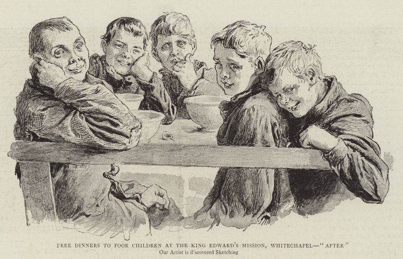 Večeře pro chudé děti zdarma v misi krále Edwarda, Whitechapel, "po" (rytina) od English School