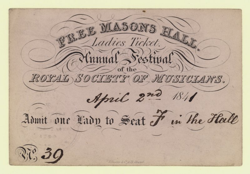 Free Masons Hall, dámská vstupenka, výroční festival, Royal Society of Musicians, 2. dubna 1841 od English School