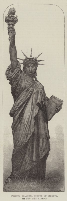 Francouzská kolosální socha svobody, pro přístav New York (rytina) od English School