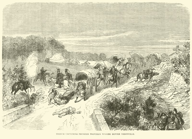 Francouzi zabírají pruské zásobovací vozy před Thionville, září 1870 od English School