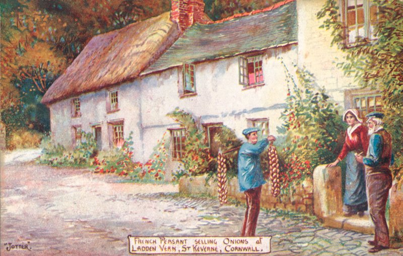 Francouzský prodejce cibule, Ladden Vern, St Keverne, Cornwall (barva litho) od English School