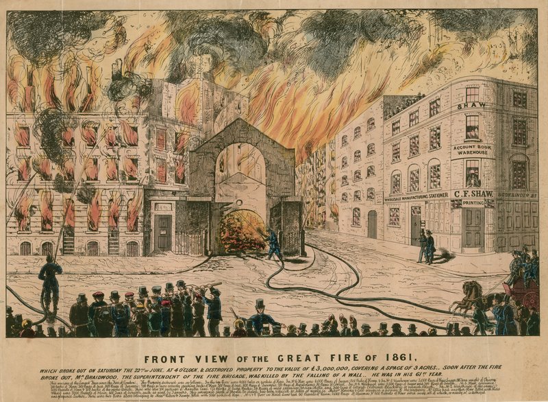 Čelní pohled na Velký požár v roce 1861 od English School