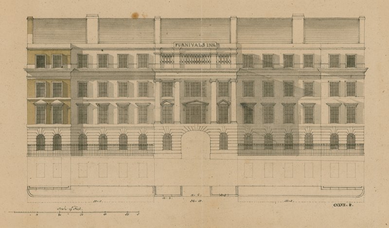 Přední pohled na Furnivals Inn, Holborn, Londýn od English School