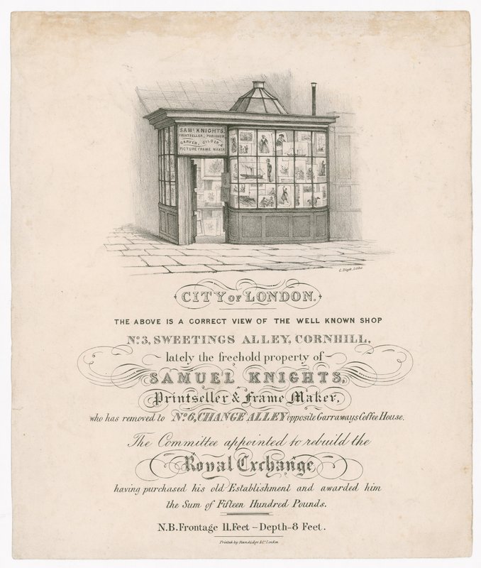 Přední strana číslo 3, Sweetings Alley, Cornhill, v poslední době majetek Samuela Knightse, Printsellera a výrobce rámů od English School