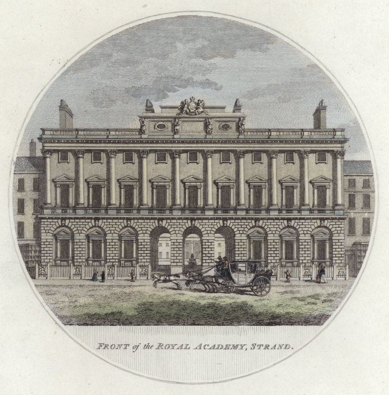 Přední část The Royal Academy, Strand, Londýn (barevná rytina) od English School