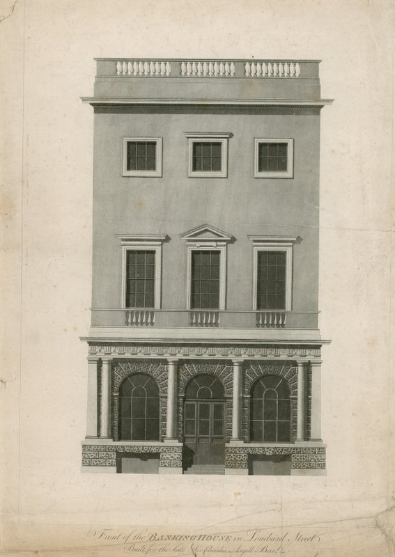 Přední část bankovního domu v Lombard Street, postavená pro zesnulého sira Charlese Asgilla, Barta od English School
