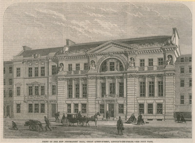 Před novým Freemasons Hall, Great Queen Street, Lincolns Inn Field, Londýn od English School