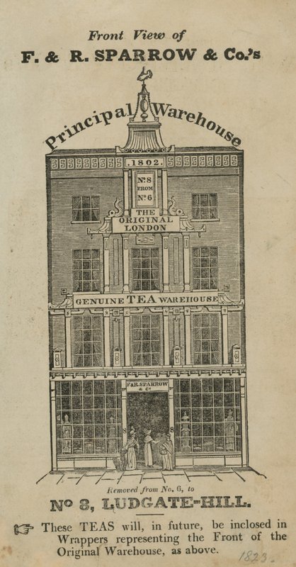 Čelní pohled na sklad Fred & Robert Sparrow & Cos v Ludgate Hill od English School