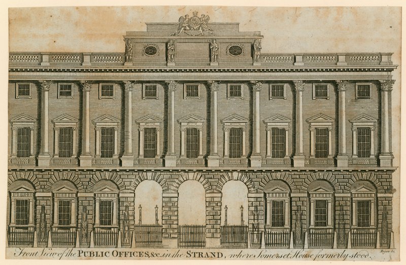 Čelní pohled na veřejné kanceláře ve Strand, kde dříve stál Somerset House od English School