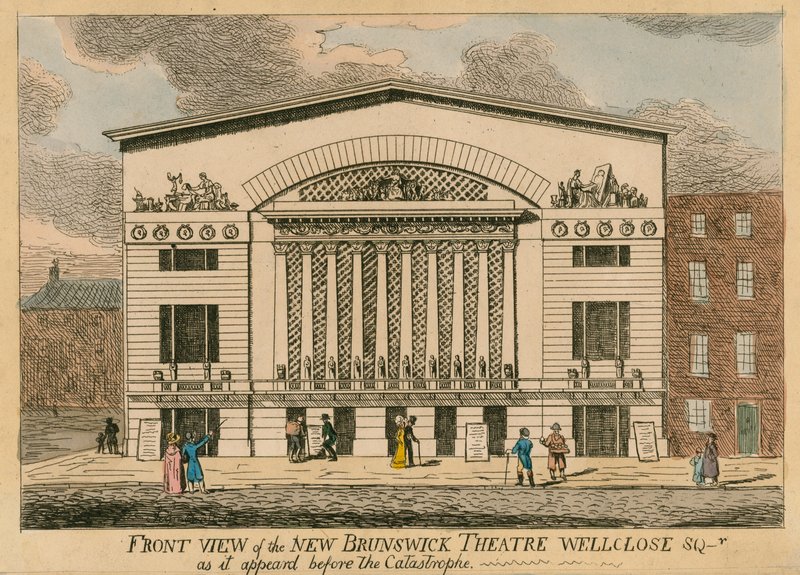 Pohledy na nové divadlo Brunswick Theatre, Wellclose Square, Londýn, jak vypadalo před katastrofou od English School