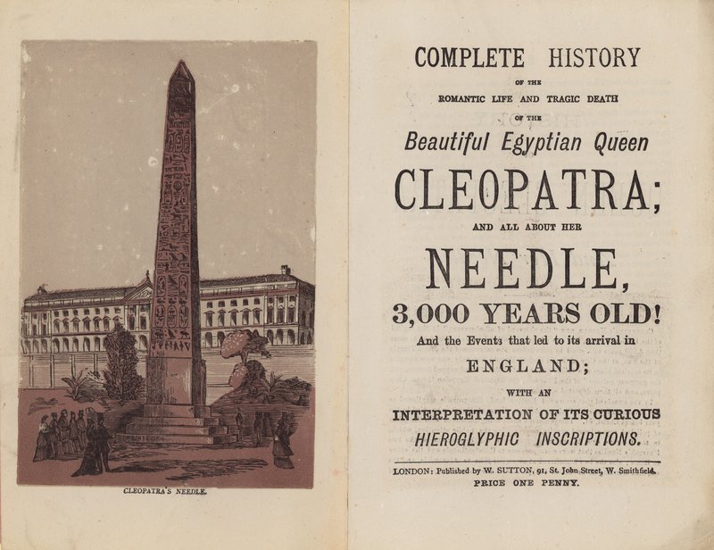 Frontispis a titulní strana Kompletní historie romantického života a tragické smrti krásné egyptské královny Kleopatry od English School