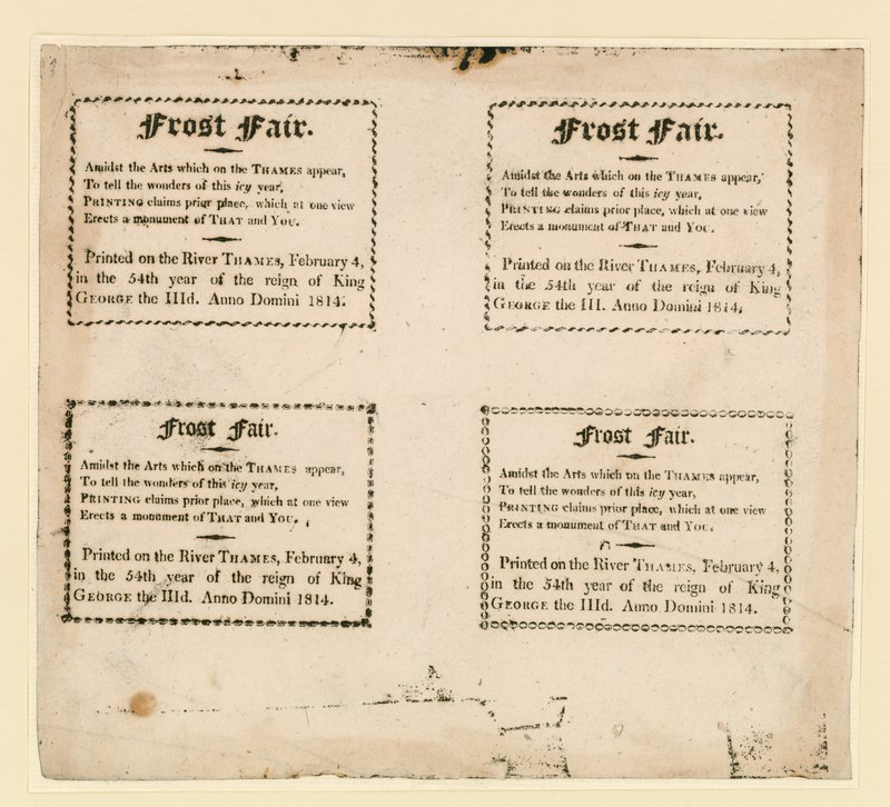 Frost Fair z roku 1814. Suvenýry vytištěné na ledě od English School