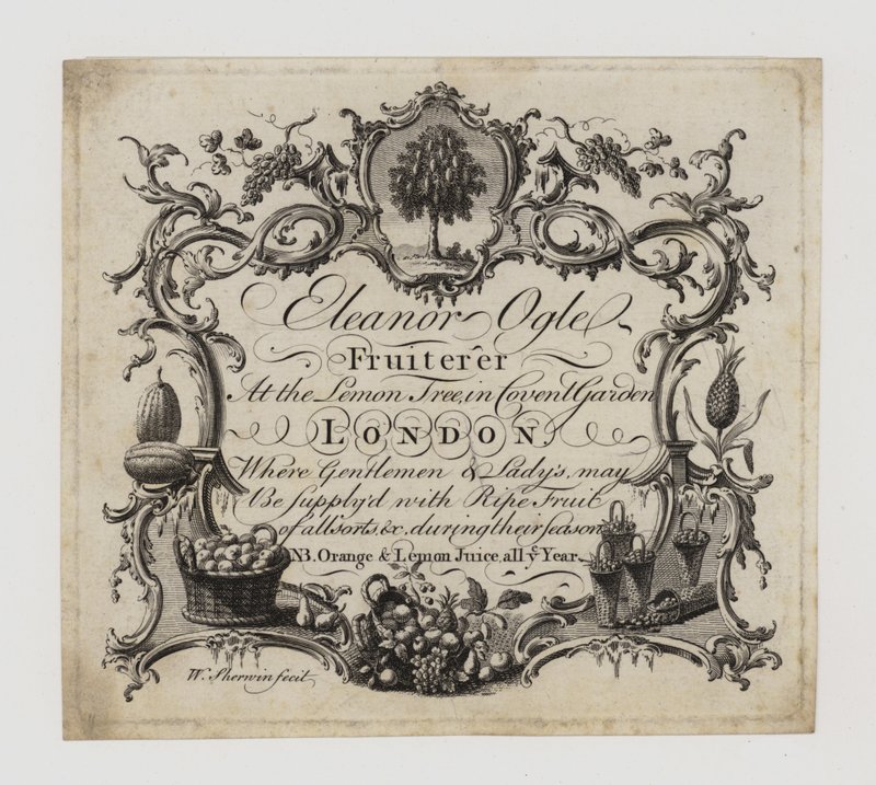 Fruiterer, Eleanor Ogle, obchodní karta od English School