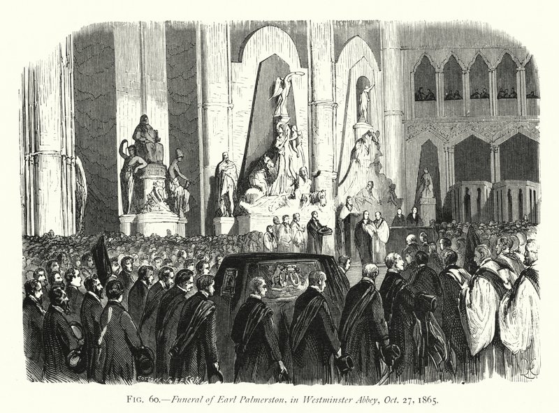 Pohřeb Earla Palmerstona, ve Westminsterském opatství, 27. října 1865 (rytina) od English School