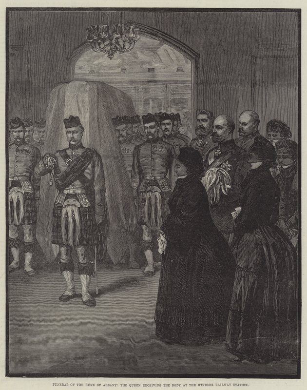 Pohřeb vévody z Albany, královny přijímající tělo na nádraží ve Windsoru (rytina) od English School