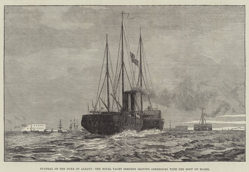Pohřeb vévody z Albany, královská jachta Osborne opouštějící Cherbourg s tělem na palubě (rytina) od English School