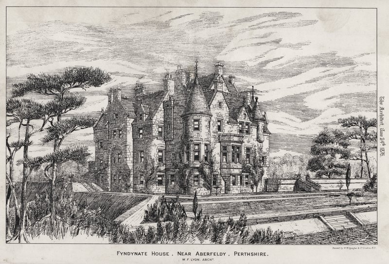 Fyndynate House, poblíž Aberfeldy, Perthshire (rytina) od English School