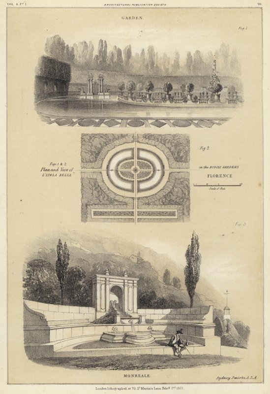 Zahrady: Isola Bella v zahradách Boboli, Florencie a Monreale, Itálie (litho) od English School