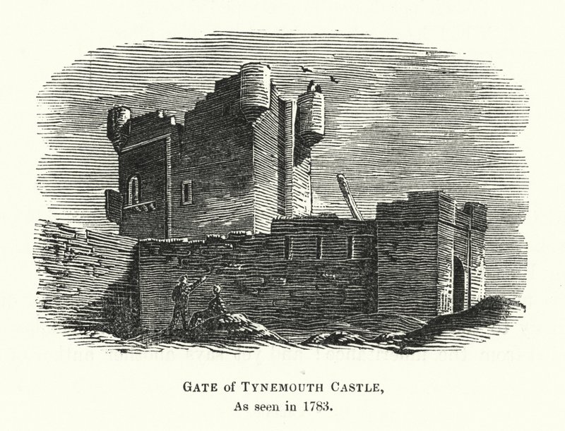 Gate of Tynemouth Castle, jak je vidět v roce 1783 (rytina) od English School